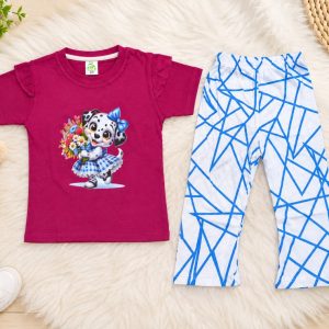 Girls’ Printed T-Shirt & Blue Patterned Pants Set | 2-Piece Kids Outfit