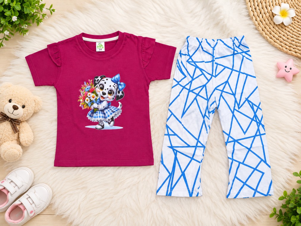 Girls’ Printed T-Shirt & Blue Patterned Pants Set | 2-Piece Kids Outfit