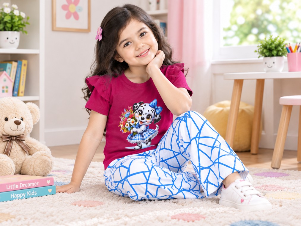 Girls’ Printed T-Shirt & Blue Patterned Pants Set | 2-Piece Kids Outfit - Image 3