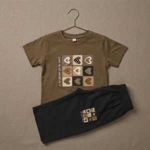Heart-Print Olive & Black Cotton Lounge & Playwear Set for Girls
