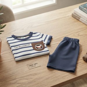 Boys Striped T-Shirt & Navy Blue Shorts Summer Outfit (Sizes 6M–6Y)