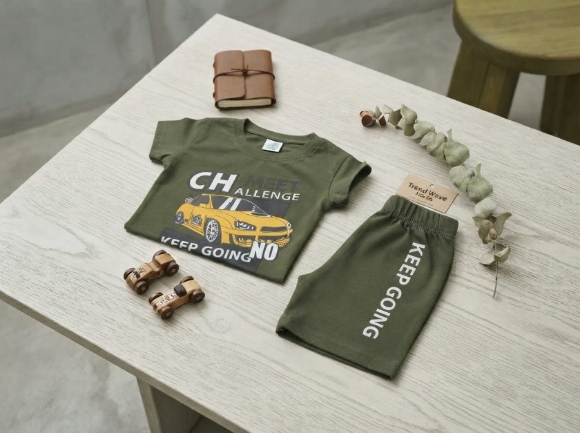 Kids Car Graphic Olive Green T-Shirt & Shorts Summer Outfit (Sizes 6M–6Y) - Image 3