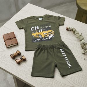 Kids Car Graphic Olive Green T-Shirt & Shorts Summer Outfit (Sizes 6M–6Y)