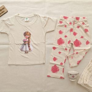 Girls Elegant Princess Doll Print Top & Floral Rose Flare Pants Set (Ages 2–12 Years)