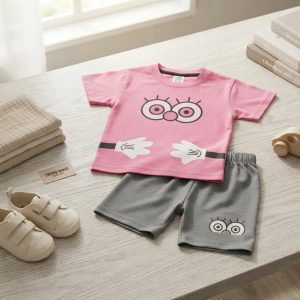 Kids Cartoon Character Pink T-Shirt & Grey Shorts Summer Outfit (Sizes 6M–6Y)
