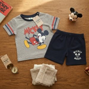 Kids Cartoon Character Grey T-Shirt & Navy Blue Shorts Outfit (Sizes 6M–6Y)