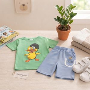 Kids Cartoon Duck Green T-Shirt & Blue Shorts Summer Outfit (Sizes 6M–6Y)