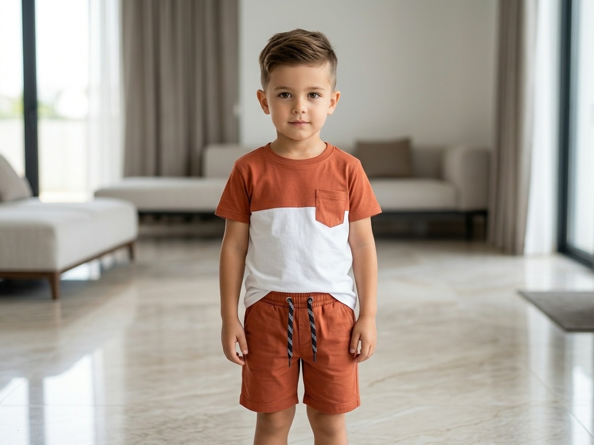 Rust & White Colorblock Casual T-Shirt and Shorts Set for Boys - Image 2